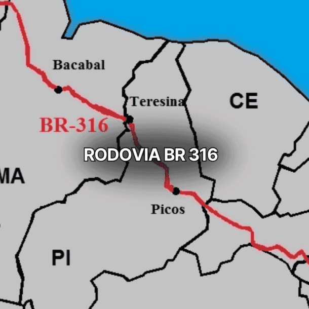 Mapa ilustrado destacando a br 316, que atravessa estados do nordeste como Maranhão, Piauí e Pernambuco, passando por cidades importantes como Bacabal, Teresina e Picos, evidenciando sua relevância no transporte rodoviário brasileiro.