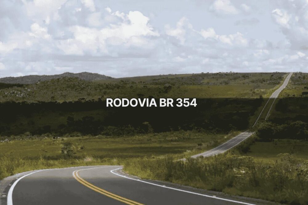 Trecho sinuoso da br 354, com estrada asfaltada de pista simples cortando uma paisagem verde de cerrado e colinas ao fundo, sob céu parcialmente nublado, destacando a rodovia federal em ambiente natural preservado.