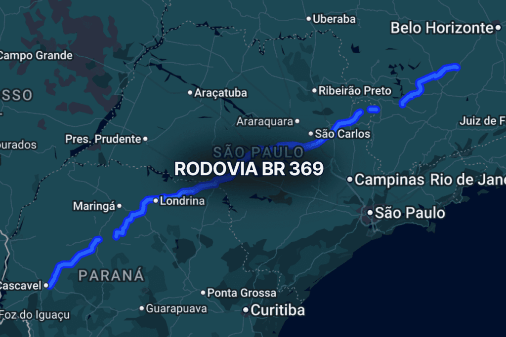 Mapa escuro exibindo o traçado completo da BR 369 no estado do Paraná, destacando conexões rodoviárias com a BR-277 e BR-376, passando por cidades como Londrina, Maringá e Cascavel, em rota principal de transporte.