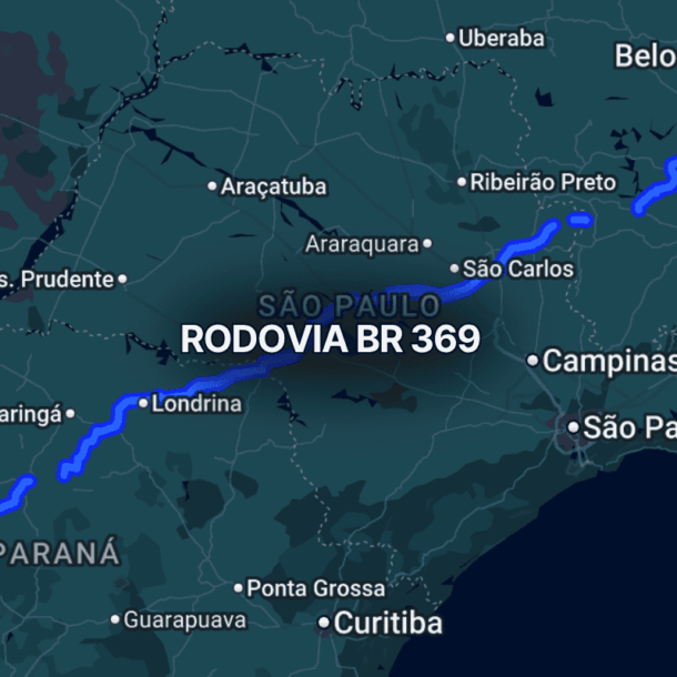 Mapa escuro exibindo o traçado completo da BR 369 no estado do Paraná, destacando conexões rodoviárias com a BR-277 e BR-376, passando por cidades como Londrina, Maringá e Cascavel, em rota principal de transporte.