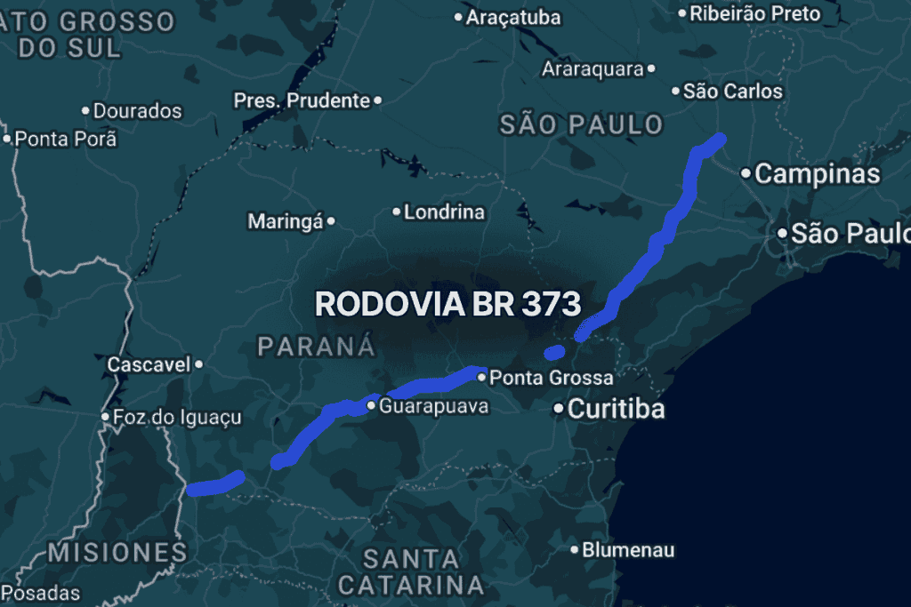 Mapa do sul do Brasil destacando a br 373 em azul, ligando Foz do Iguaçu no Paraná ao interior de São Paulo, passando por Guarapuava, Ponta Grossa e regiões próximas a Curitiba, importante eixo rodoviário interestadual.