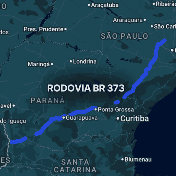 Mapa do sul do Brasil destacando a br 373 em azul, ligando Foz do Iguaçu no Paraná ao interior de São Paulo, passando por Guarapuava, Ponta Grossa e regiões próximas a Curitiba, importante eixo rodoviário interestadual.