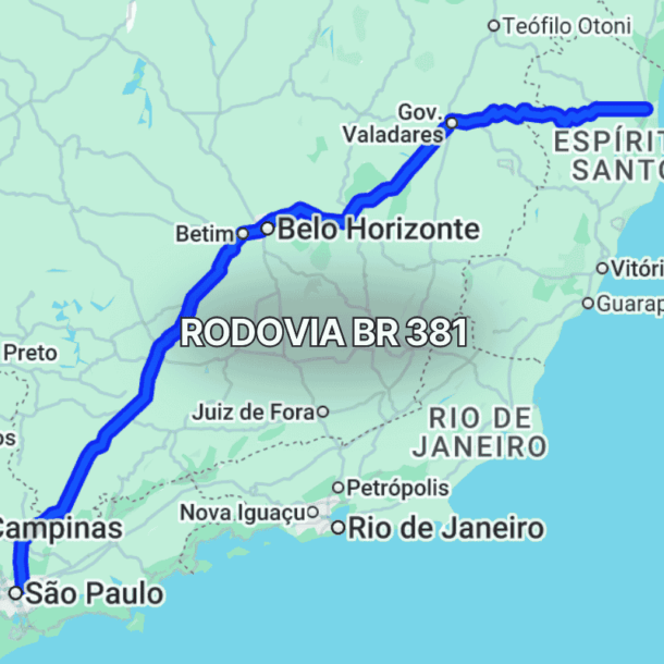 Mapa claro exibindo o trajeto da BR 381 no Brasil, com linha azul destacando a rodovia que liga São Paulo a Belo Horizonte, passando por cidades mineiras importantes e áreas de serra ao longo do percurso.