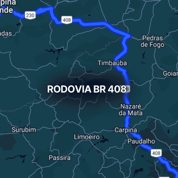 Mapa de Pernambuco destacando a br 408 em azul, conectando Recife ao interior do estado e à região de Campina Grande, passando por cidades como Paudalho, Carpina, Nazaré da Mata e Timbaúba, rota importante no nordeste brasileiro.