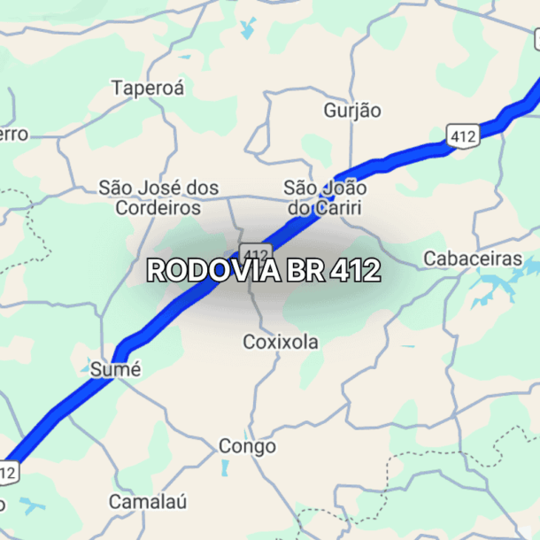 Mapa claro mostrando o trajeto da BR 412 na Paraíba, Brasil, com linha azul destacando a rodovia que conecta Monteiro a Campina Grande, passando por áreas rurais, cidades do interior e cruzamentos com estradas estaduais.