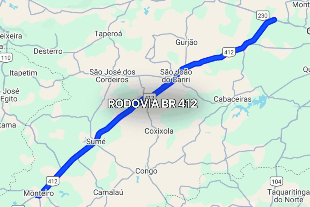 Mapa claro mostrando o trajeto da BR 412 na Paraíba, Brasil, com linha azul destacando a rodovia que conecta Monteiro a Campina Grande, passando por áreas rurais, cidades do interior e cruzamentos com estradas estaduais.