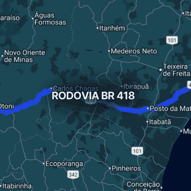 Mapa do leste brasileiro destacando a br 418 em azul, conectando Teófilo Otoni, em Minas Gerais, à cidade costeira de Caravelas, na Bahia, evidenciando sua função logística entre interior e litoral nordestino.