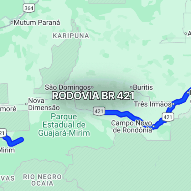 Mapa claro mostrando o trajeto da BR 421 em Rondônia, Brasil, com linha azul destacando a rodovia que liga Ariquemes a Campo Novo de Rondônia, passando por áreas de floresta e regiões rurais ao longo do percurso.