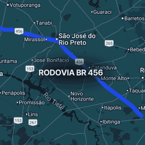 Mapa detalhado do interior paulista destacando a br 456 em azul, conectando cidades como São José do Rio Preto, Mirassol, Catanduva e Matão, evidenciando seu papel no transporte rodoviário do estado de São Paulo.