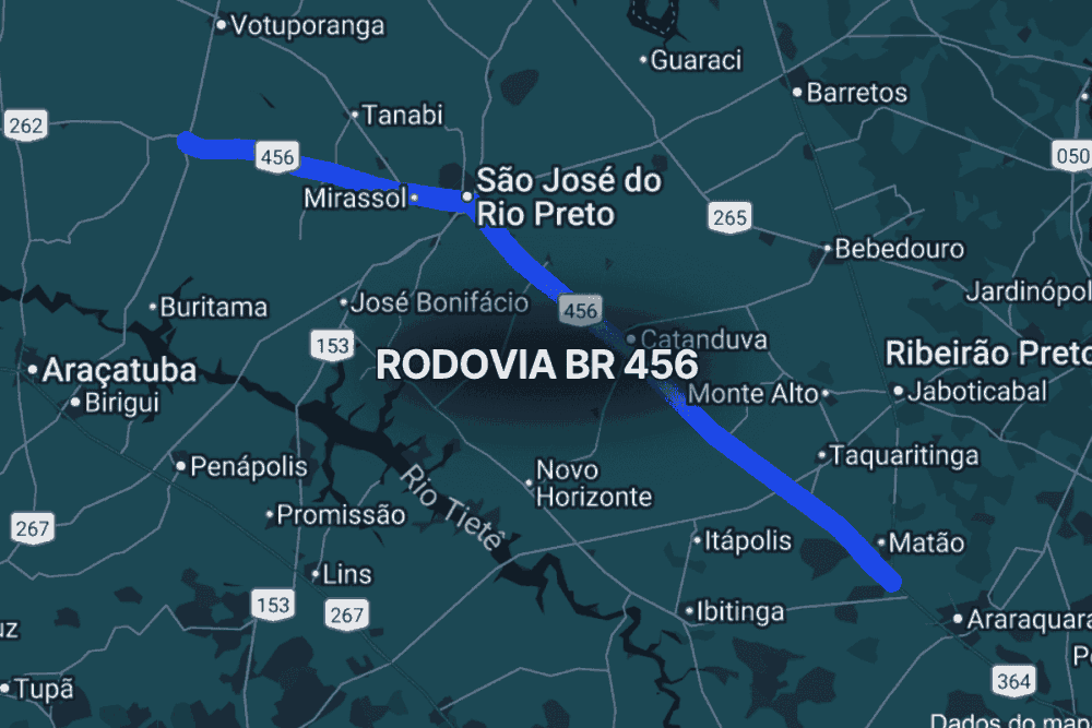 Mapa detalhado do interior paulista destacando a br 456 em azul, conectando cidades como São José do Rio Preto, Mirassol, Catanduva e Matão, evidenciando seu papel no transporte rodoviário do estado de São Paulo.