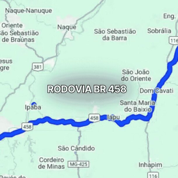 Mapa claro mostrando o trajeto da BR 458 em Minas Gerais, Brasil, com linha azul destacando a rodovia que liga Ipatinga a São Cândido, passando por áreas rurais, zonas urbanas e cruzamentos com estradas regionais.