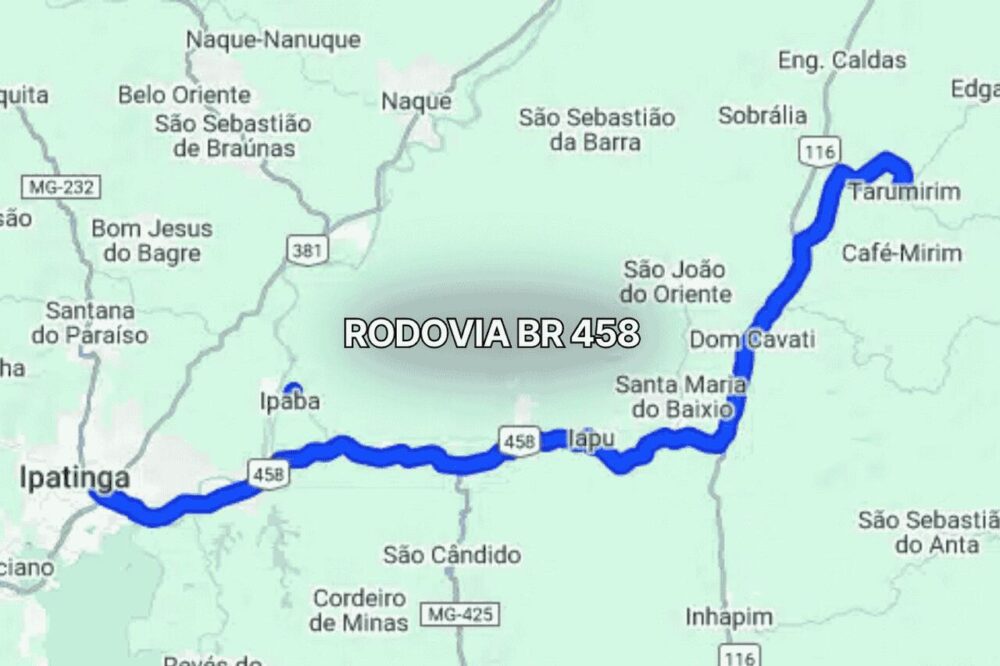 Mapa claro mostrando o trajeto da BR 458 em Minas Gerais, Brasil, com linha azul destacando a rodovia que liga Ipatinga a São Cândido, passando por áreas rurais, zonas urbanas e cruzamentos com estradas regionais.