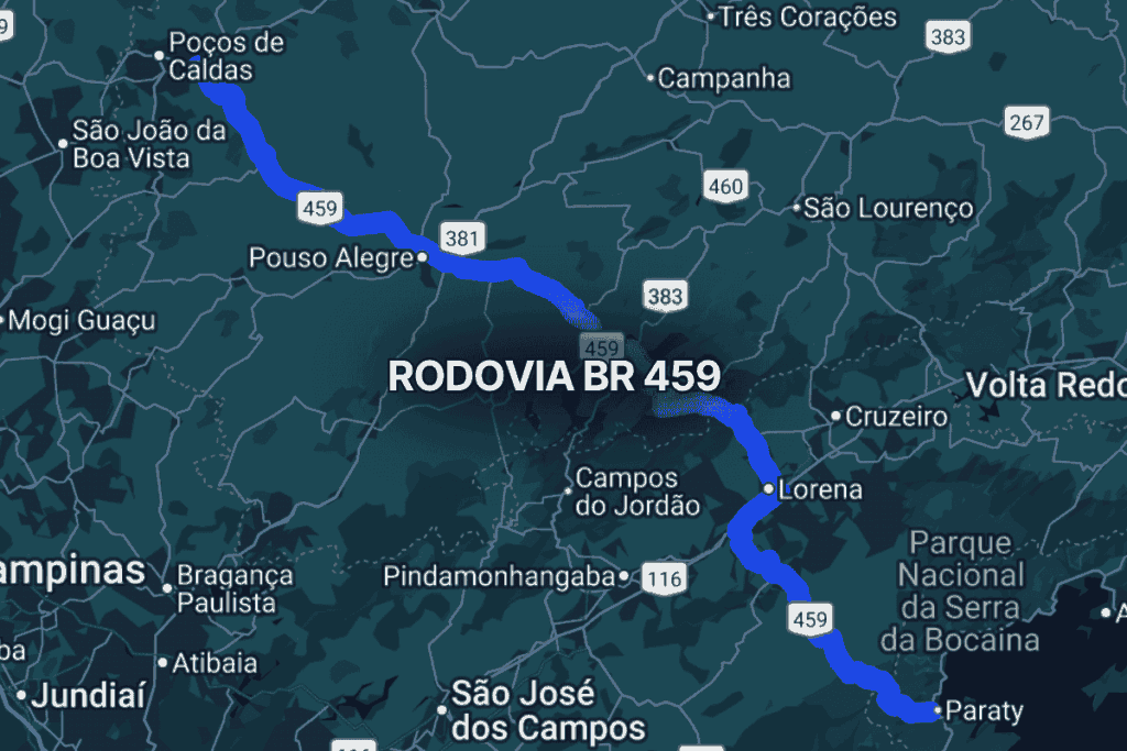 Mapa do sudeste brasileiro destacando a br 459 em azul, conectando Poços de Caldas em Minas Gerais a Paraty no litoral do Rio de Janeiro, passando por Pouso Alegre, Lorena e áreas próximas ao Parque Nacional da Serra da Bocaina.