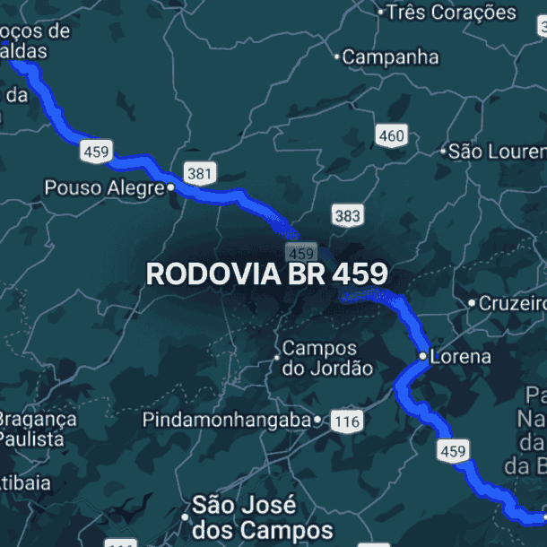 Mapa do sudeste brasileiro destacando a br 459 em azul, conectando Poços de Caldas em Minas Gerais a Paraty no litoral do Rio de Janeiro, passando por Pouso Alegre, Lorena e áreas próximas ao Parque Nacional da Serra da Bocaina.
