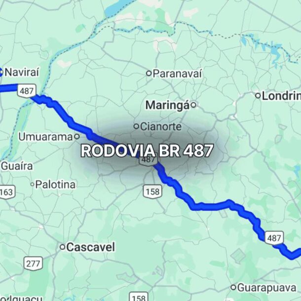 Mapa exibindo o trajeto da BR 487 no Paraná, Brasil, com linha azul ligando Porto Camargo a Campo Mourão, passando por áreas rurais e conectando rodovias importantes da região Centro-Oeste paranaense.