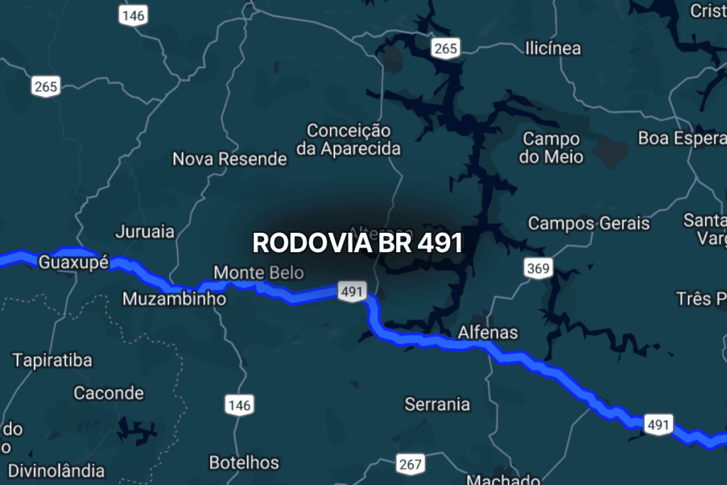 Mapa do sul de Minas Gerais destacando a br 491 em azul, conectando cidades como Guaxupé, Muzambinho, Monte Belo e Alfenas, importante rodovia que facilita o transporte regional e o escoamento agrícola.