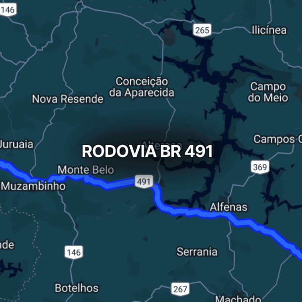 Mapa do sul de Minas Gerais destacando a br 491 em azul, conectando cidades como Guaxupé, Muzambinho, Monte Belo e Alfenas, importante rodovia que facilita o transporte regional e o escoamento agrícola.