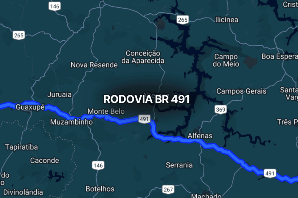 Mapa do sul de Minas Gerais destacando a br 491 em azul, conectando cidades como Guaxupé, Muzambinho, Monte Belo e Alfenas, importante rodovia que facilita o transporte regional e o escoamento agrícola.