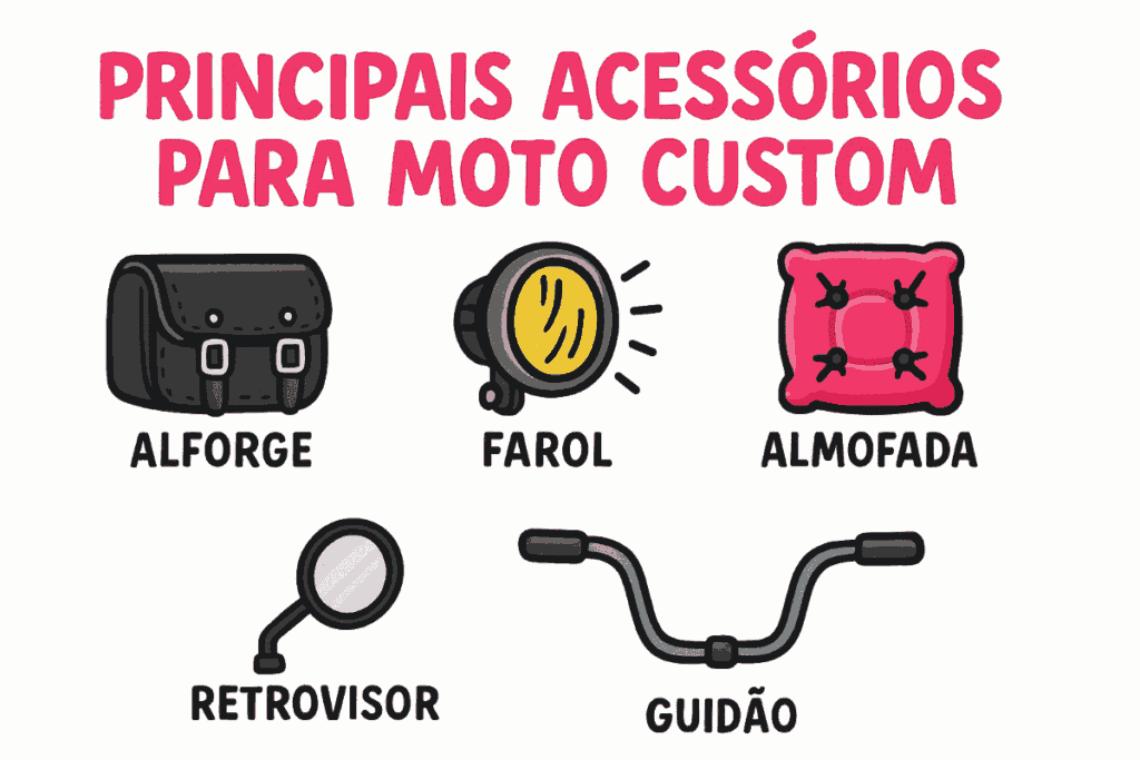 Ilustração colorida mostrando principais acessórios para moto custom, incluindo alforge preto, farol amarelo, almofada rosa, retrovisor redondo e guidão, acompanhados de legendas explicativas.