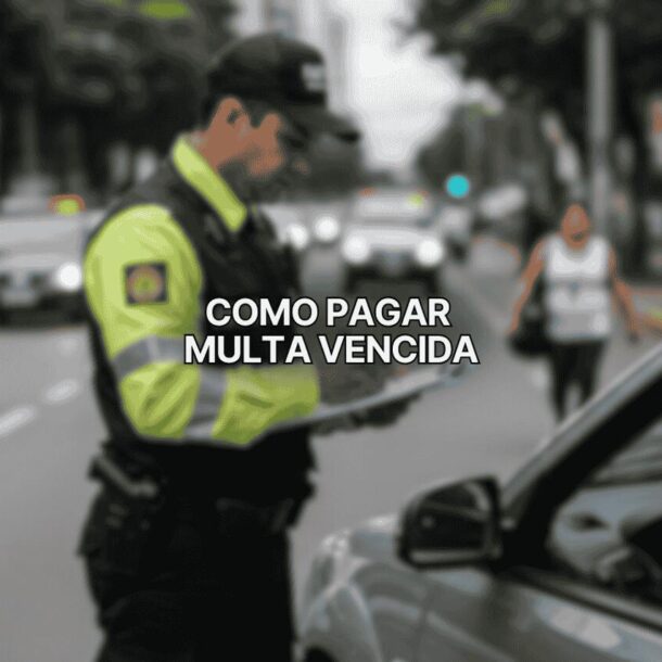 Agente de trânsito de uniforme amarelo e preto escreve uma notificação ao lado de um carro cinza parado em avenida movimentada, ilustrando o tema como pagar multa vencida com pessoas e veículos ao fundo.