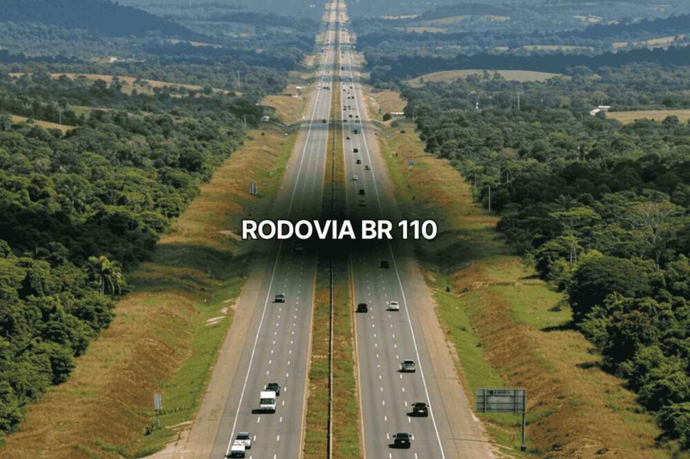 Fotografia aérea da Rodovia BR 110 com pista dupla, vários veículos circulando em ambos os sentidos, cercada por áreas verdes, vegetação densa e morros ao fundo, destacando o tráfego intenso na Rodovia BR 110.