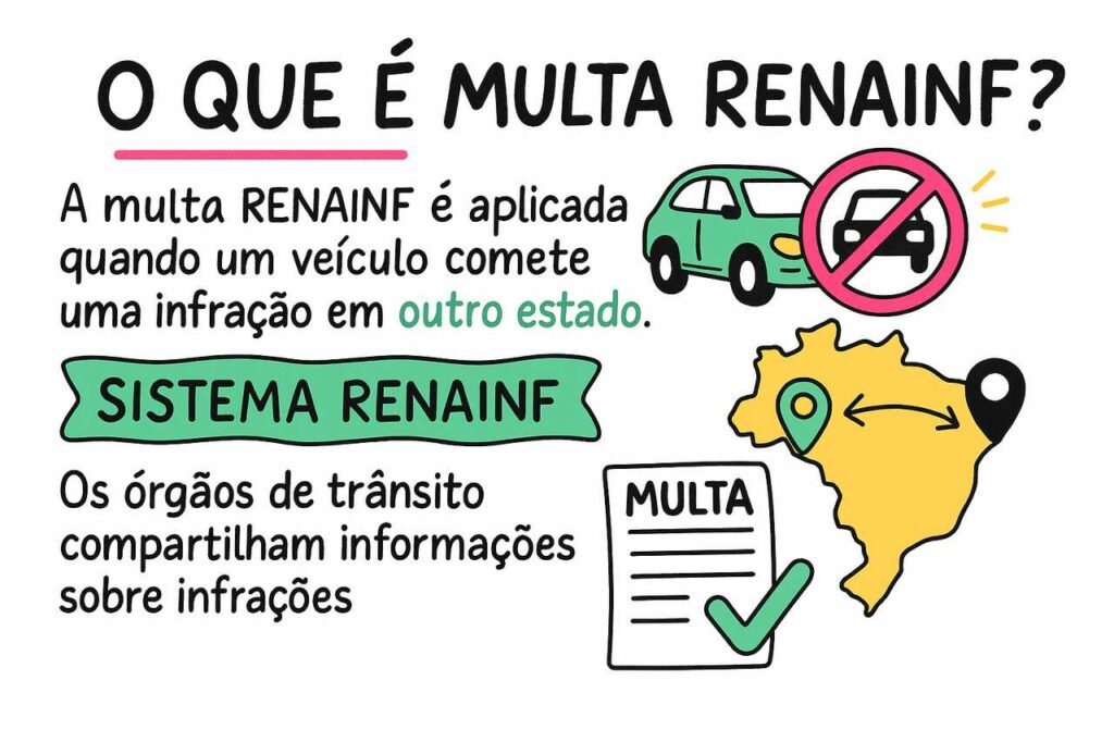 Imagem explicativa com ilustrações sobre o que é multa RENAINF, destacando que a infração ocorre em outro estado; inclui carro, símbolo de proibição, mapa do Brasil, documento de multa e texto informativo.