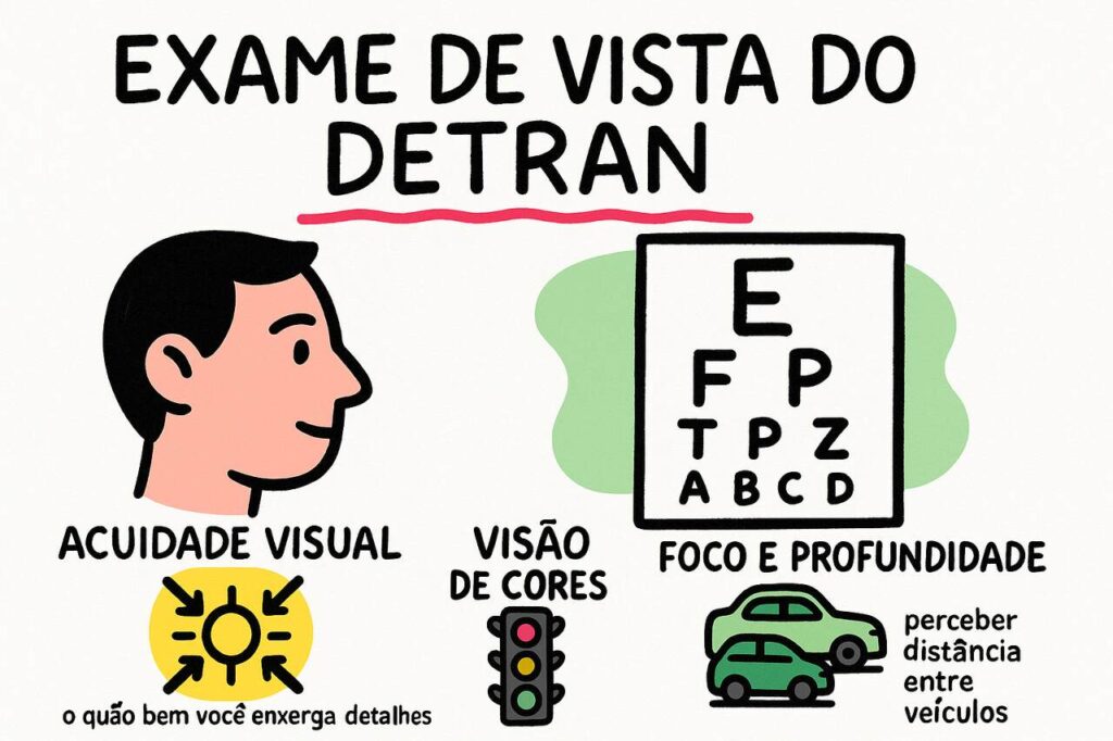 Ilustração educativa mostra etapas do exame de vista do DETRAN, como acuidade visual, cores e percepção de distância.