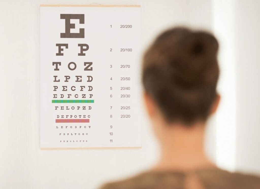Mulher realiza parte das letras do exame de vista do DETRAN observando tabela de snellen para avaliar acuidade visual com letras em diferentes tamanhos.