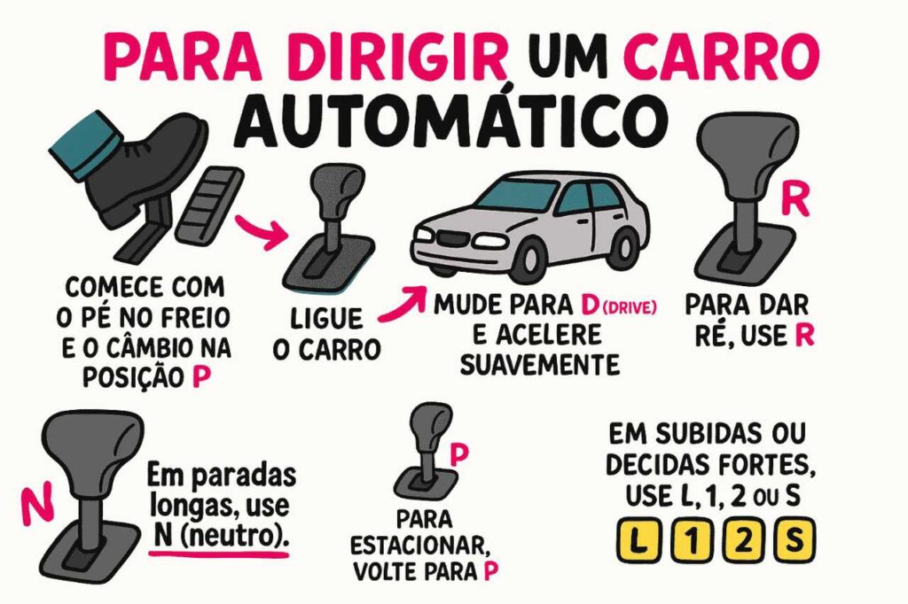 Ilustração didática mostra passo a passo de como dirigir carro automático, com instruções visuais sobre o uso das marchas P, D, R, N, L, 1, 2 e S.