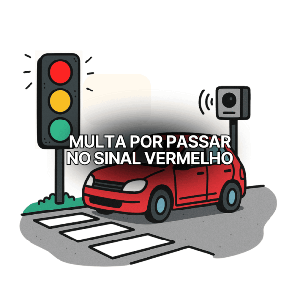 Desenho de um carro vermelho cruzando um semáforo vermelho, sendo flagrado por radar. Texto sobre a imagem diz: “Multa por passar no sinal vermelho”, alertando sobre a infração de trânsito.