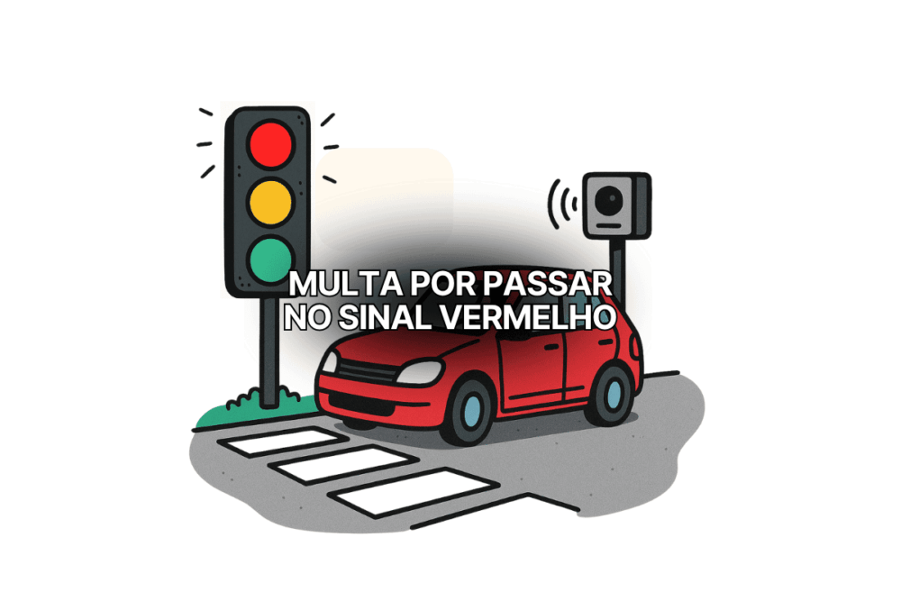 Desenho de um carro vermelho cruzando um semáforo vermelho, sendo flagrado por radar. Texto sobre a imagem diz: “Multa por passar no sinal vermelho”, alertando sobre a infração de trânsito.
