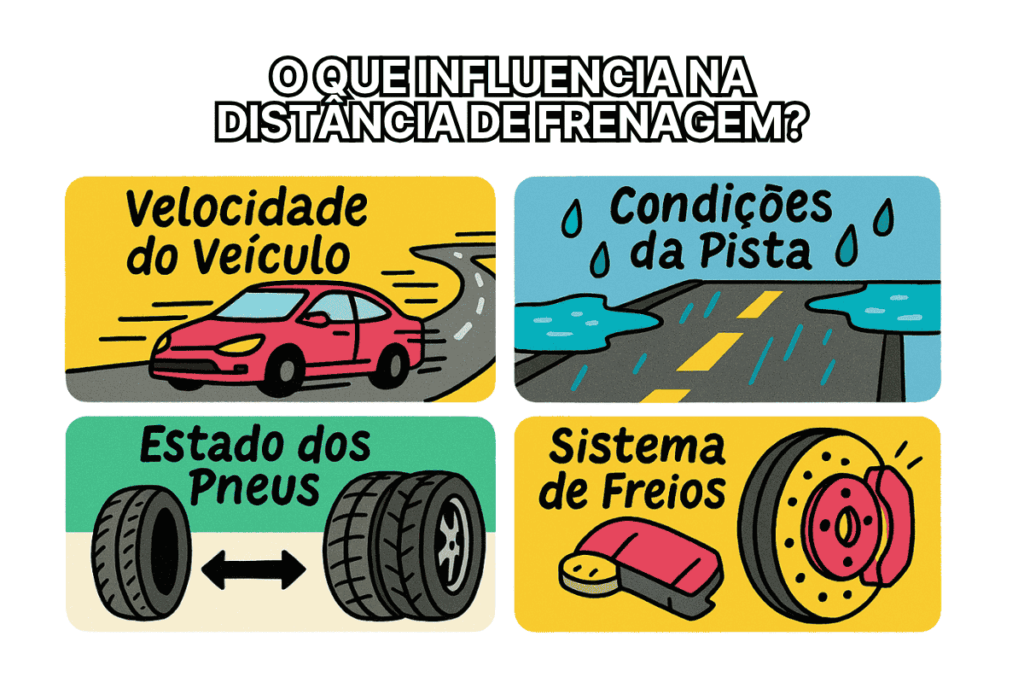 Infográfico ilustrado explicando Fatores que influenciam a distância de frenagem: velocidade, pista molhada, pneus e freios.