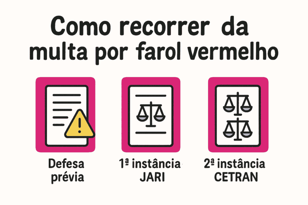 Ilustração explicativa com o título “Como recorrer da multa por farol vermelho”, mostrando três etapas do processo: defesa prévia, 1ª instância na JARI e 2ª instância no CETRAN. O conteúdo orienta motoristas sobre recursos contra multa por passar no sinal vermelho.