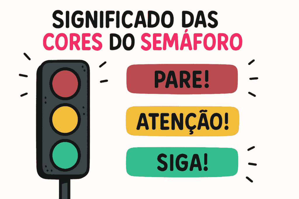 Ilustração de um semáforo com as três cores e seus significados: vermelho (pare), amarelo (atenção) e verde (siga). A imagem ajuda a entender a lógica da multa por passar no sinal vermelho no contexto da sinalização de trânsito.