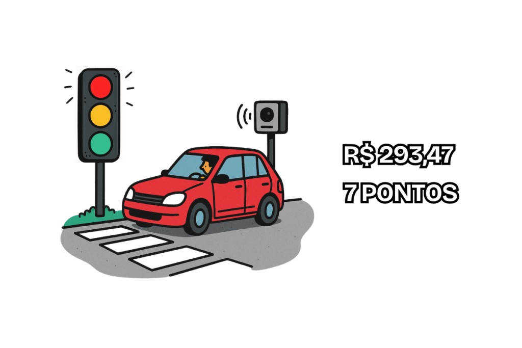 Ilustração de um carro vermelho avançando um sinal vermelho, capturado por radar. Ao lado, aparecem os dizeres “R$ 293,47” e “7 pontos”, indicando o valor da multa por passar no sinal vermelho e a penalidade na carteira de motorista.