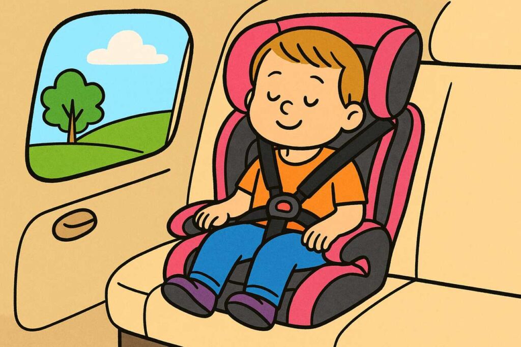 Criança sorridente sentada corretamente em cadeirinha infantil com cinto de segurança no banco traseiro de um carro. Cena reforça a importância do uso correto do cinto desde a infância.