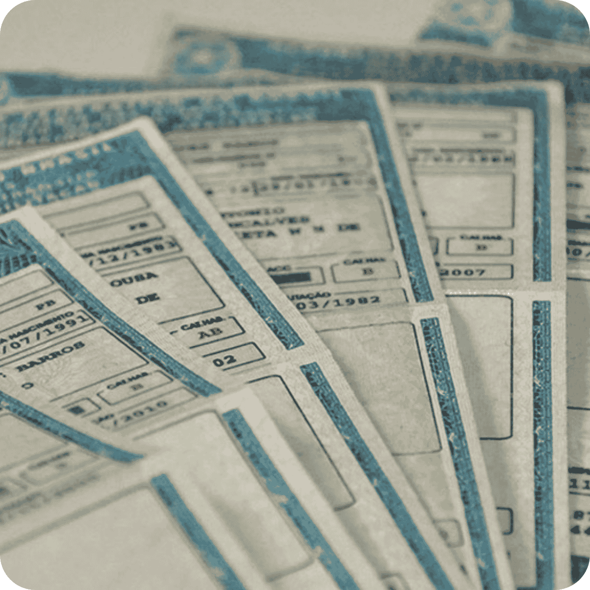 Diversas carteiras de identidade brasileiras antigas dispostas em leque, com detalhes de categoria B da CNH visíveis em alguns documentos, indicando habilitação para conduzir veículos leves.