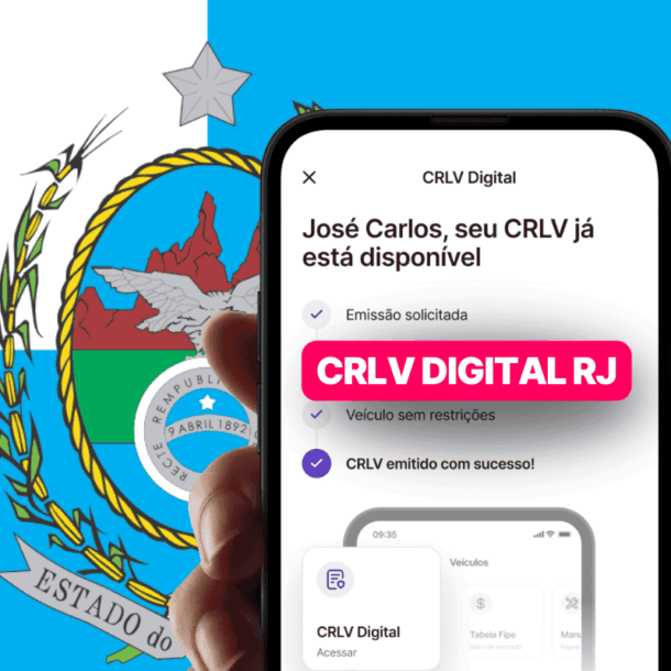 Pessoa segura um smartphone que mostra a emissão bem-sucedida do CRLV Digital RJ para José Carlos, com fundo da bandeira do estado do Rio de Janeiro, representando a digitalização do documento veicular no estado.