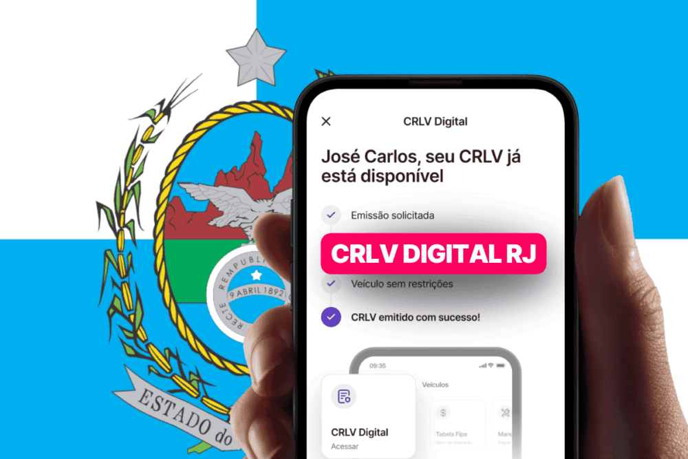Pessoa segura um smartphone que mostra a emissão bem-sucedida do CRLV Digital RJ para José Carlos, com fundo da bandeira do estado do Rio de Janeiro, representando a digitalização do documento veicular no estado.