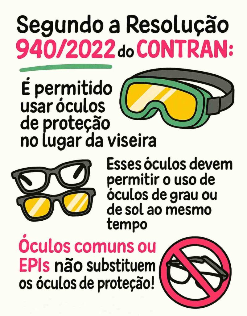 Ilustração com explicação sobre a Resolução 940/2022 do Contran, que permite óculos de proteção no lugar da viseira, alertando para a multa por viseira aberta.
