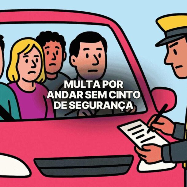 Ilustração de um agente de trânsito multando um pessoas sem cinto de segurança. Texto ao centro diz "Multa por andar sem cinto de segurança".