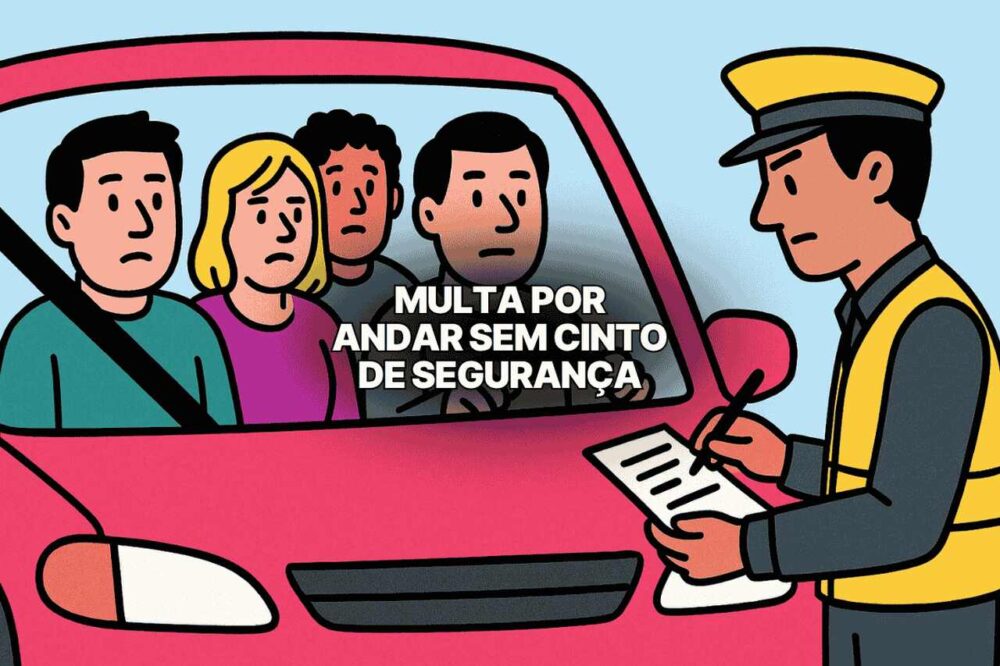 Ilustração de um agente de trânsito multando um pessoas sem cinto de segurança. Texto ao centro diz "Multa por andar sem cinto de segurança".