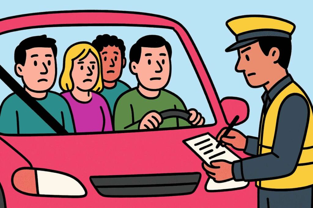 olicial de trânsito aplicando autuação a motorista de carro com três passageiros, todos com expressão preocupada; nenhum dos passageiros usa cinto de segurança.