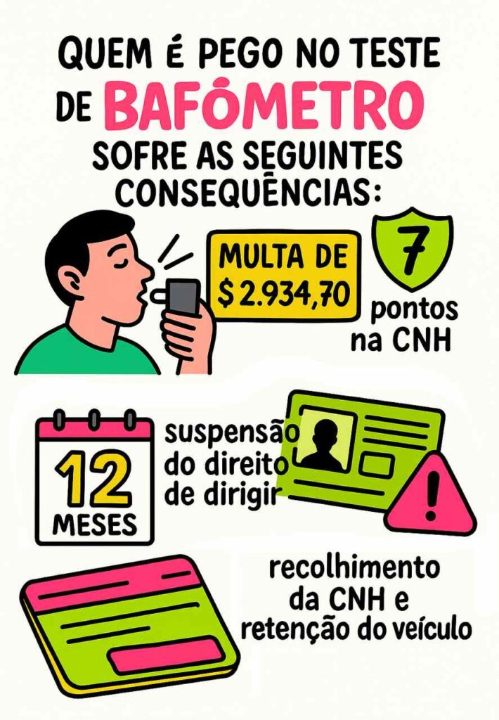 Ilustração com penalidades da multa de bafômetro: valor, pontos, suspensão e retenção da CNH.