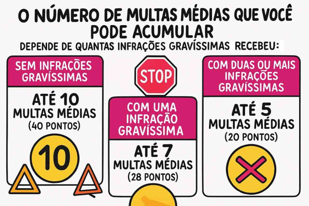 Gráfico explicativo sobre o limite de multas médias que um motorista pode acumular conforme o número de infrações gravíssimas, com três categorias: até 10, 7 ou 5 multas médias, dependendo do histórico do condutor.