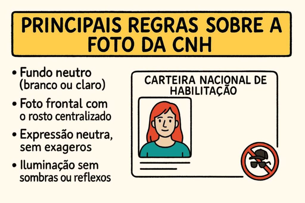 Infográfico ilustrado com as principais regras para a foto da CNH, destacando exigências como fundo branco ou claro, rosto centralizado, expressão neutra e iluminação uniforme, além de proibição de acessórios como óculos escuros.