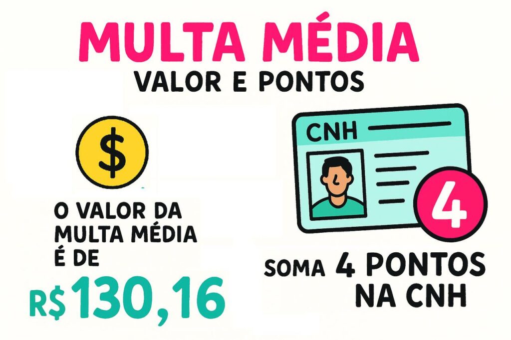 Ilustração informativa destacando o valor da multa média, que é R$ 130,16, e informando que ela soma 4 pontos na CNH do condutor, ao lado de ícone de carteira de habilitação e símbolo de cifrão.