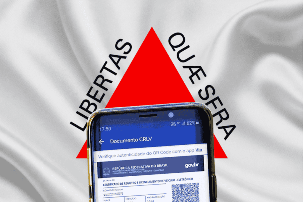 CRLV digital exibido em smartphone sobre a bandeira de Minas Gerais com o lema “Libertas Quæ Sera Tamen”.