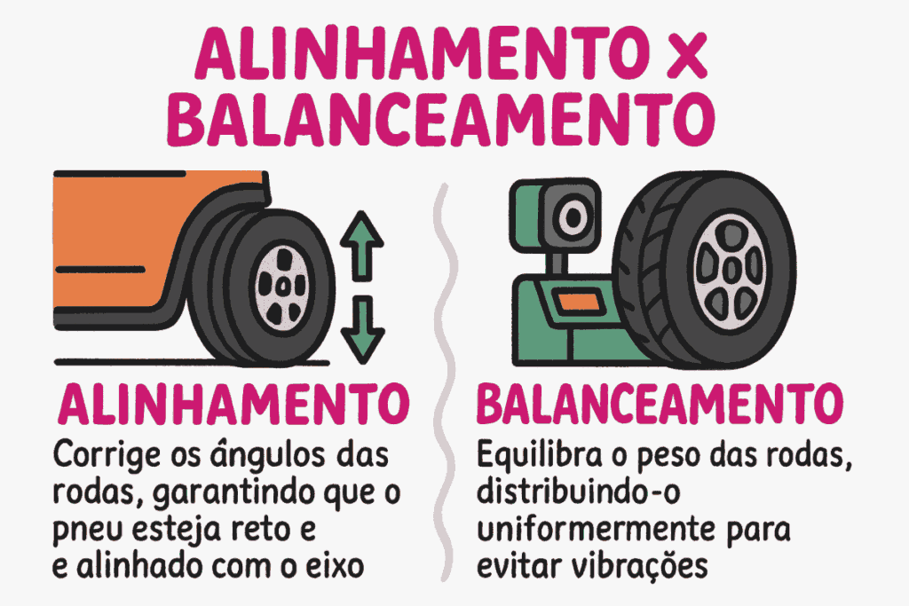 Gráfico comparativo entre alinhamento e balanceamento, explicando que o alinhamento corrige os ângulos das rodas e o balanceamento distribui o peso para evitar vibrações.