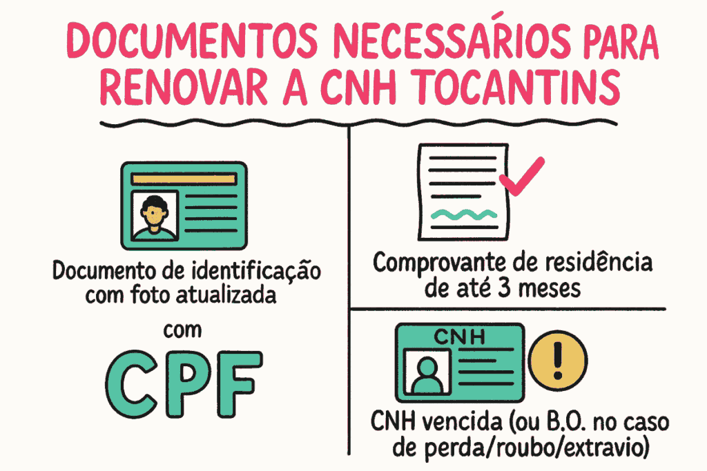 Ilustração colorida mostrando os documentos necessários para renovar CNH Tocantins, incluindo identidade com foto e CPF, comprovante de residência de até três meses e CNH vencida ou boletim de ocorrência em caso de perda.